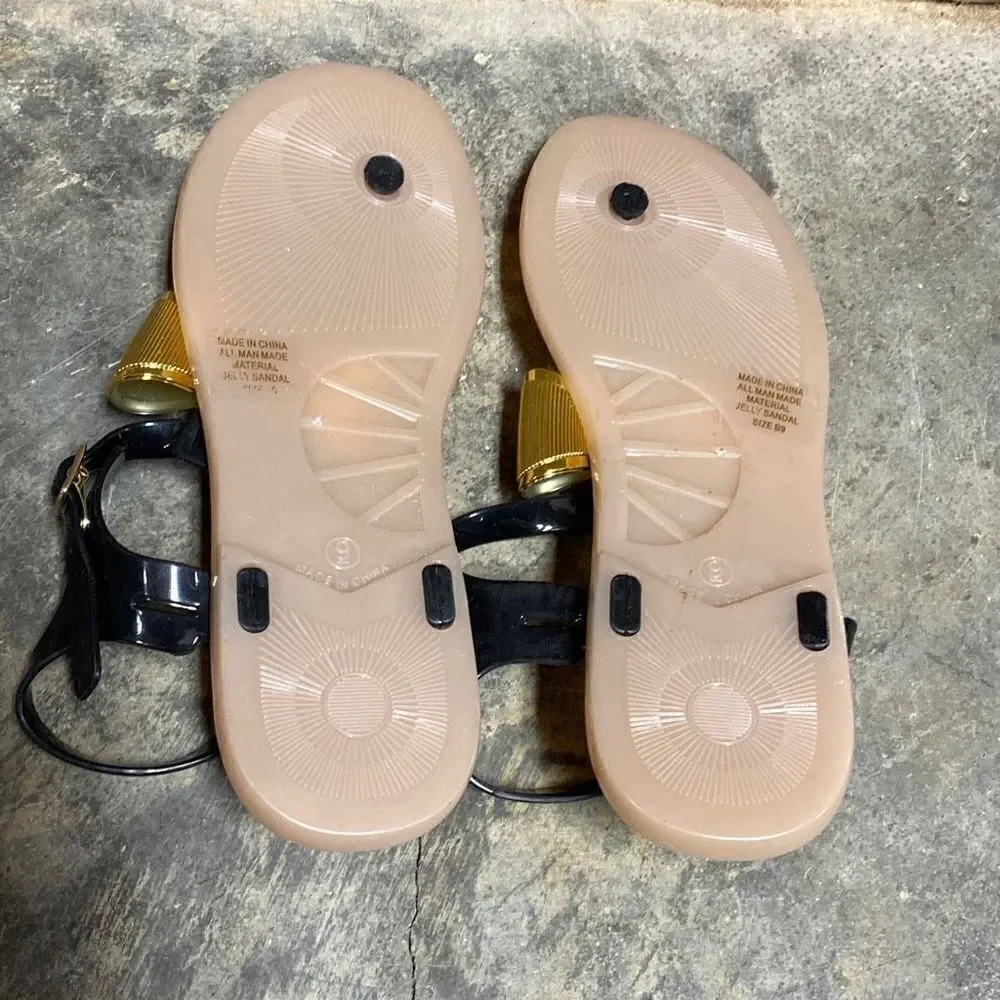 Kate Spade New York Black Rubber T-Strap Thong Sandal Size 9 New